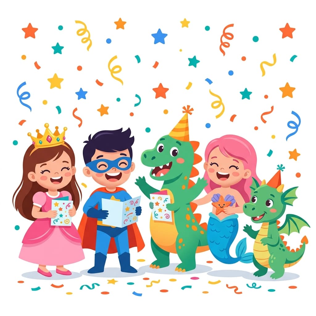 Personajes animados festivos celebrando un cumpleaños con invitaciones